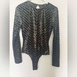 Lulu's Black & Olive Striped V-Pattern Long-Sleeve Bodysuit